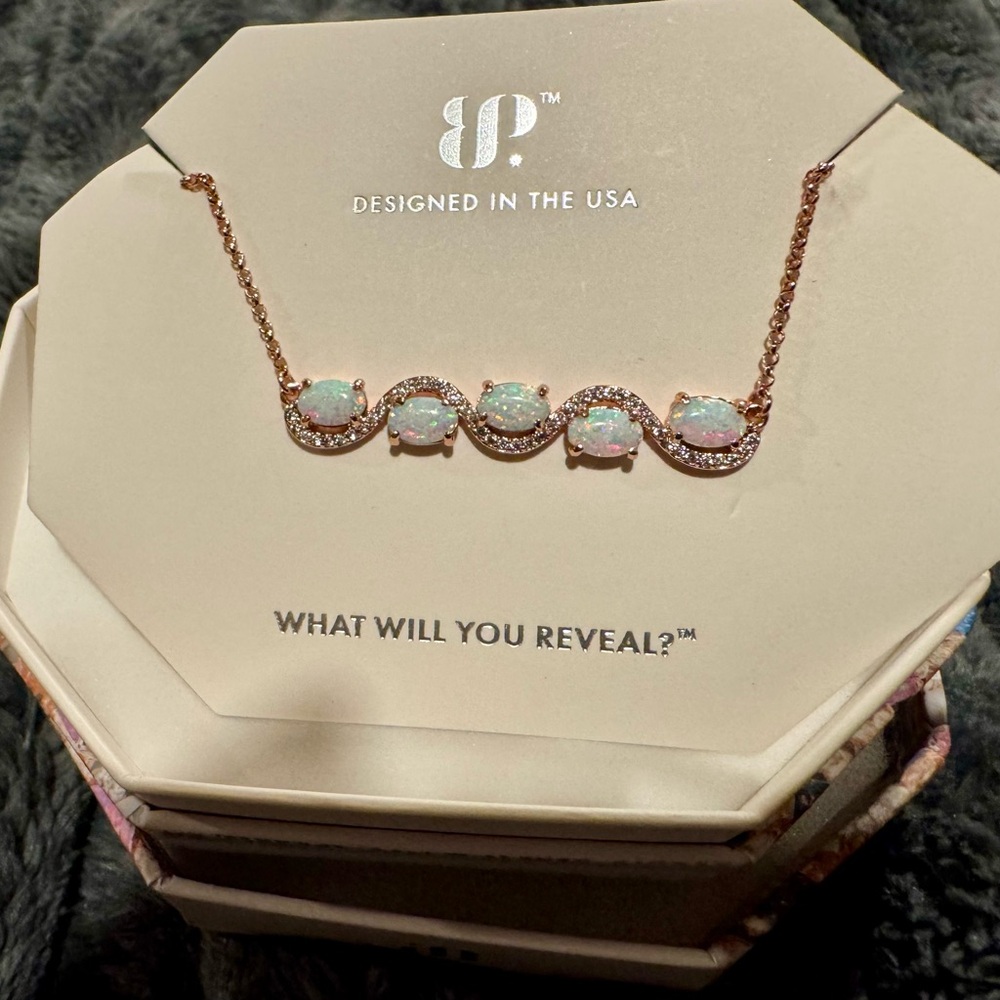 BP Rose Gold Wave Opal Bar Necklace with Sparkling Accents